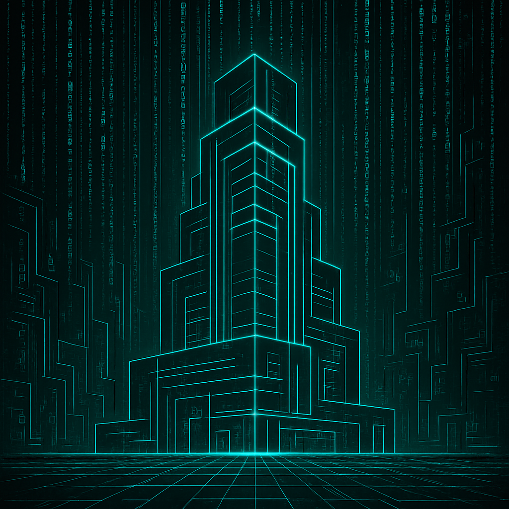 A corporate tower rendered in streams of code, standing in a city of data